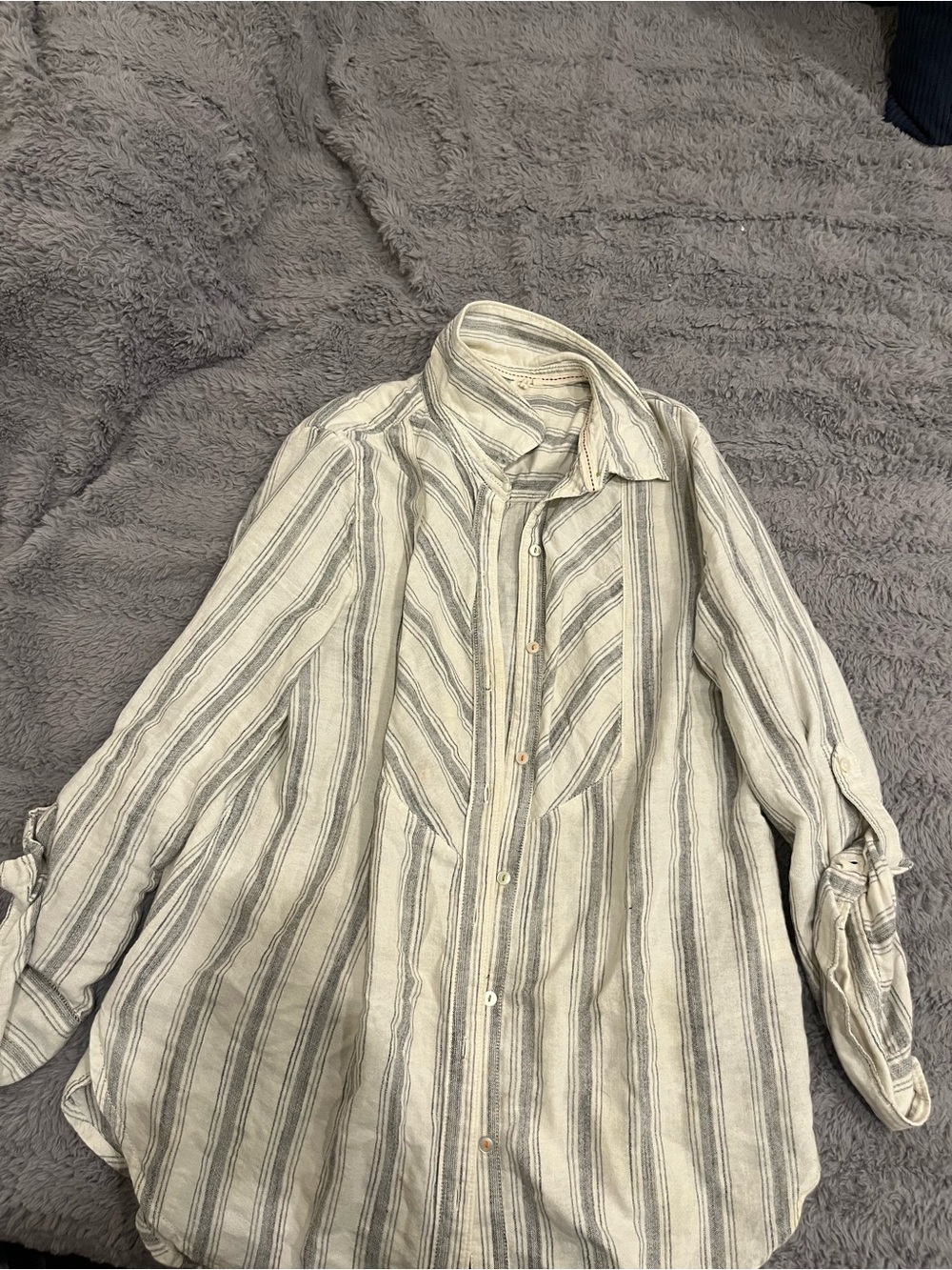 Anthropologie Cream and Gray Striped Button-Up Blouse